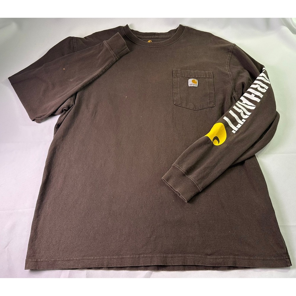 Men's Large Brown Long Sleeve Pocket T-Shirt Graphic Sleeve Work Tee